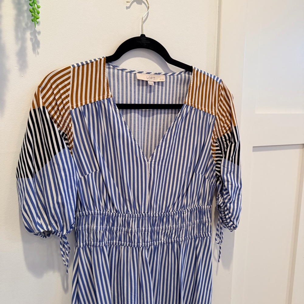 LOFT Striped Midi Dress Tie Puff Sleeve Blue Tan Minimalist Women's Dress MP - Picture 3 of 11